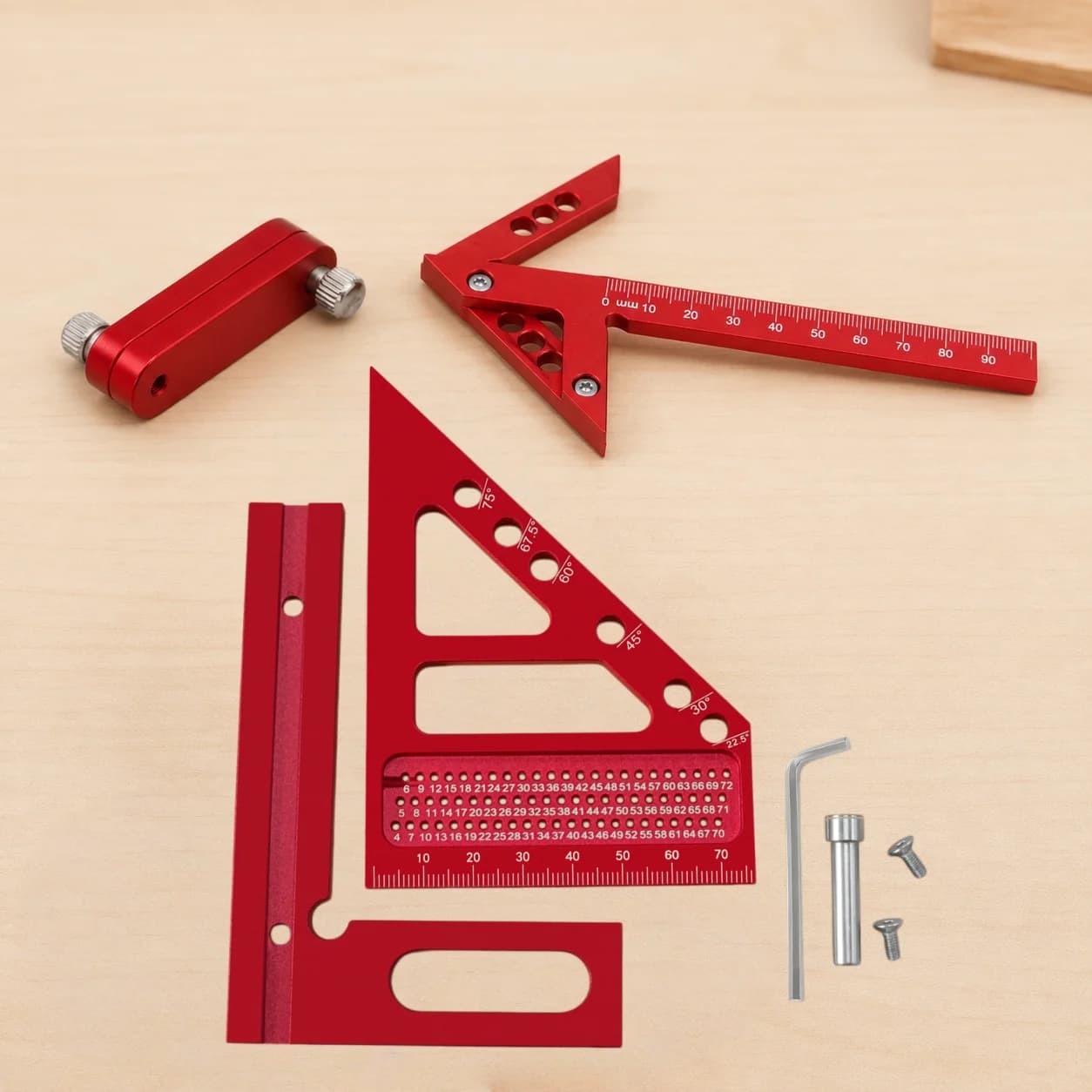 Set riglă triunghiulară și riglă pentru unghiuri, 3 piese, din aluminiu