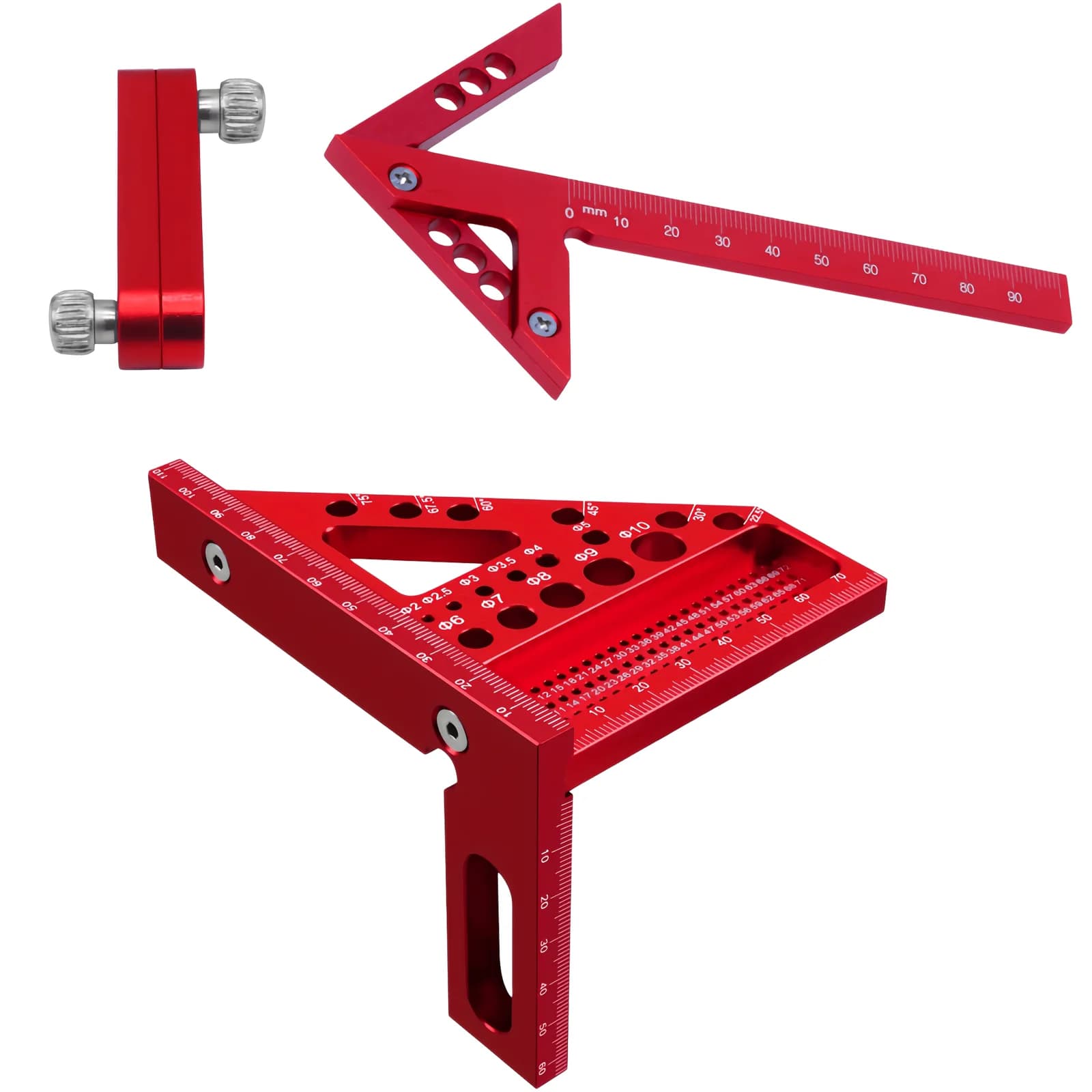 Set riglă triunghiulară și riglă pentru unghiuri, 3 piese, din aluminiu