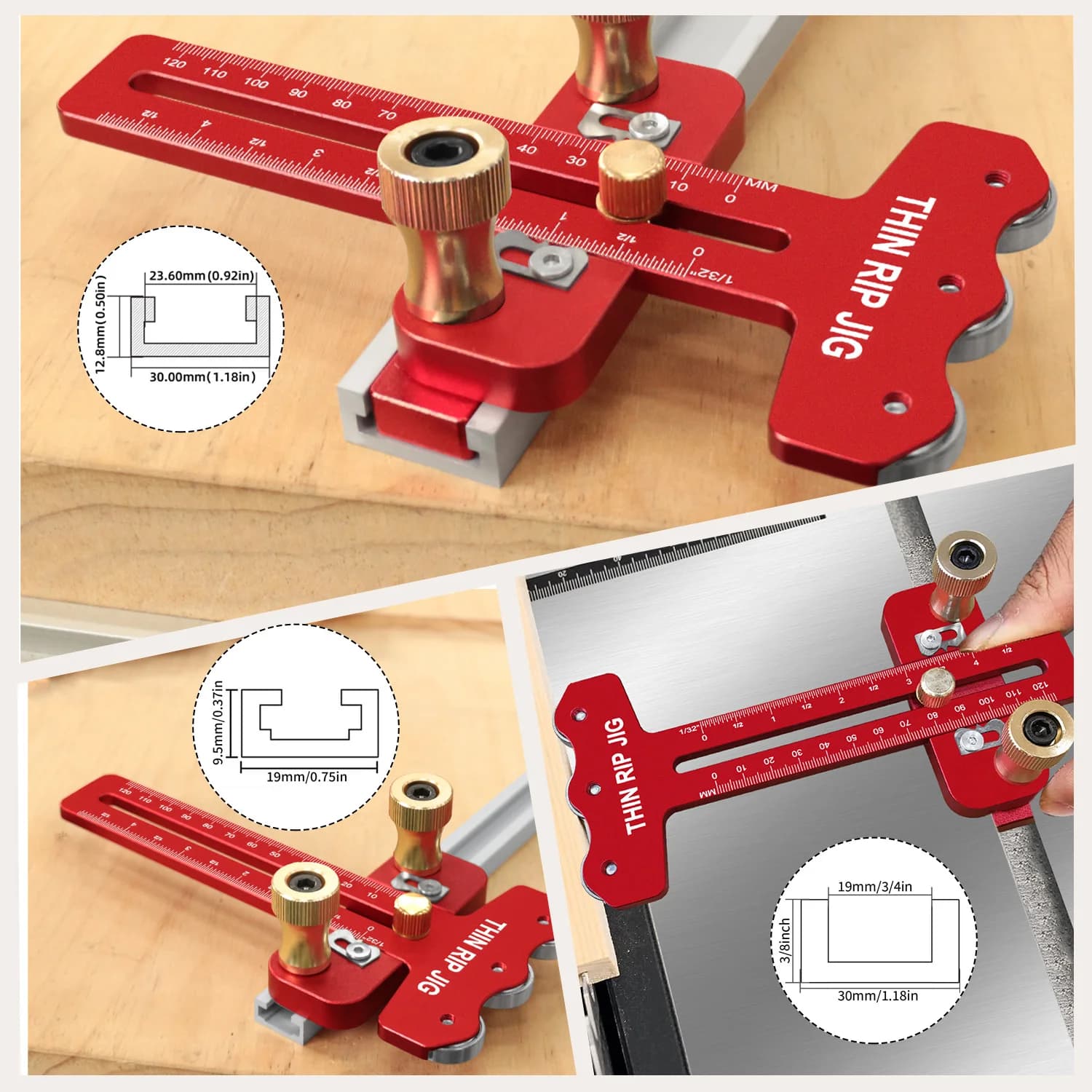 Jig pentru Tăieri Subțiri la Fierstrău Circular cu Kit de Push Stick