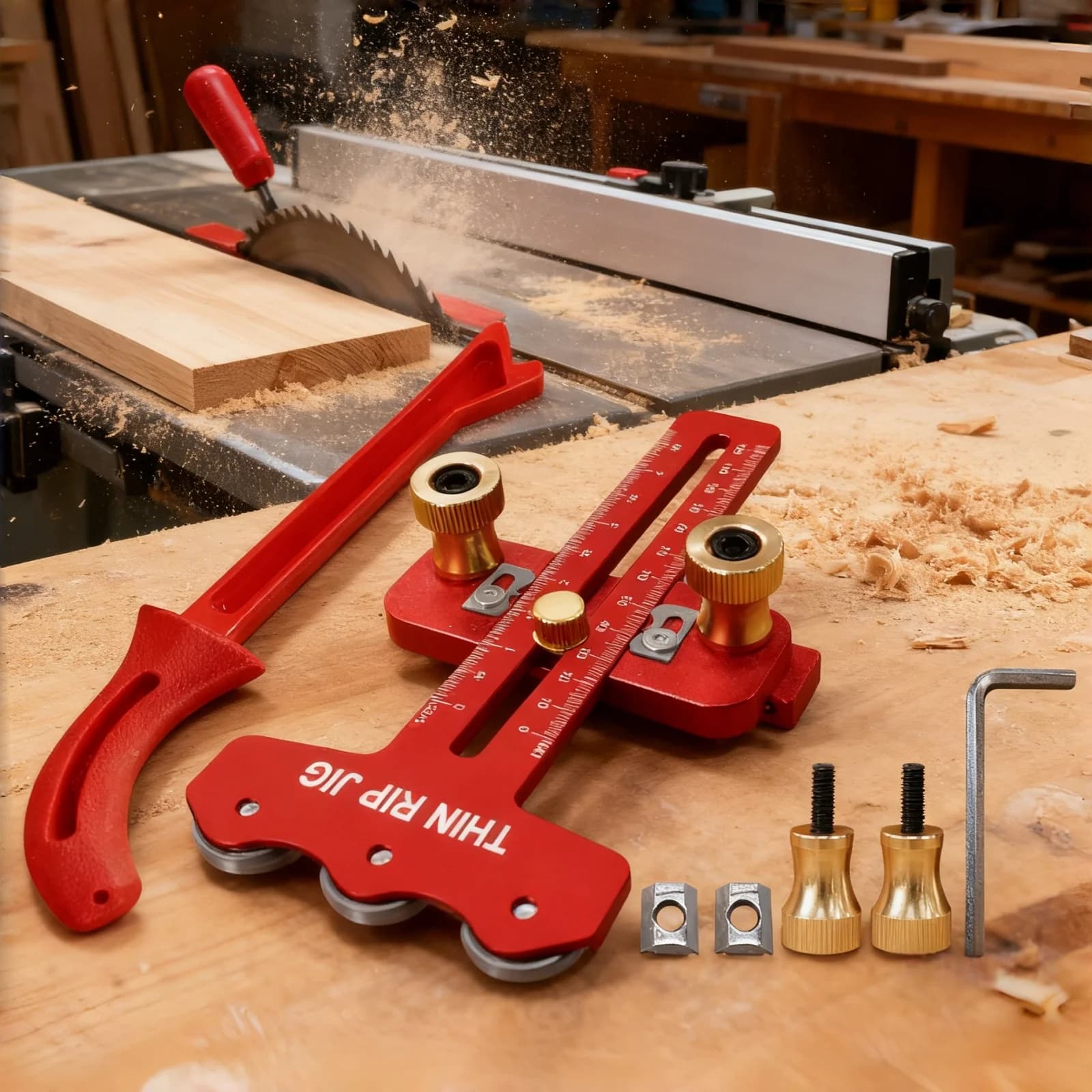 Jig pentru Tăieri Subțiri la Fierstrău Circular cu Kit de Push Stick